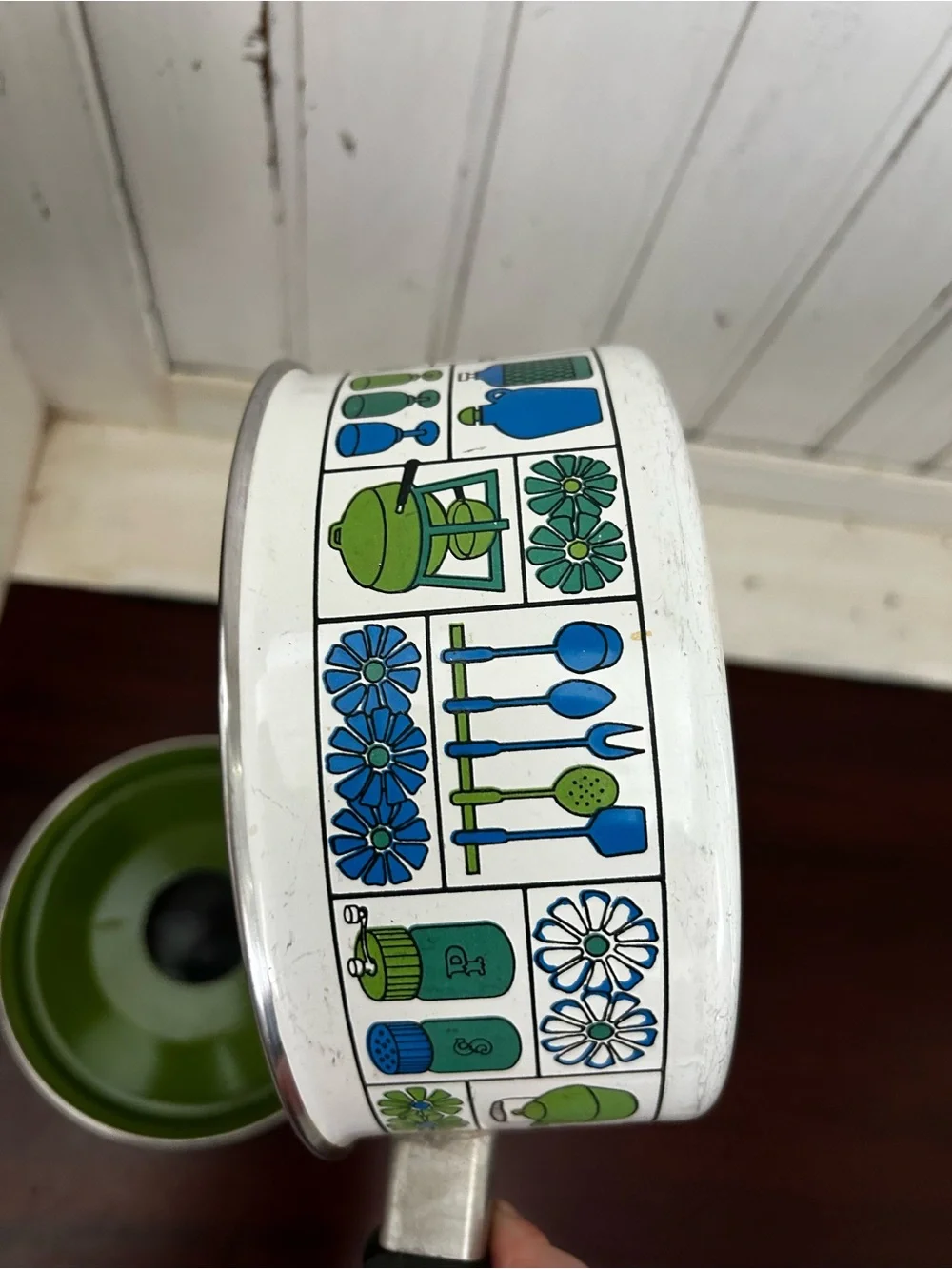 VTG Retro Enamel Danish Kitchen Saucepan Pot GHC 6.75” Green Blue Mid Century